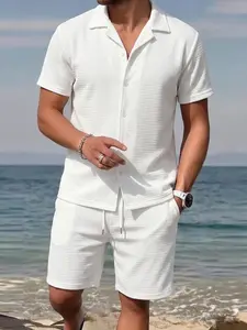 Men's Premium Beach Resort Two-Piece Set - Camp Collar Textured Short-Sleeve Shirt & Drawstring-Waist Shorts Lightweight, Breathable Summer Casual Wear men 2 piece sets