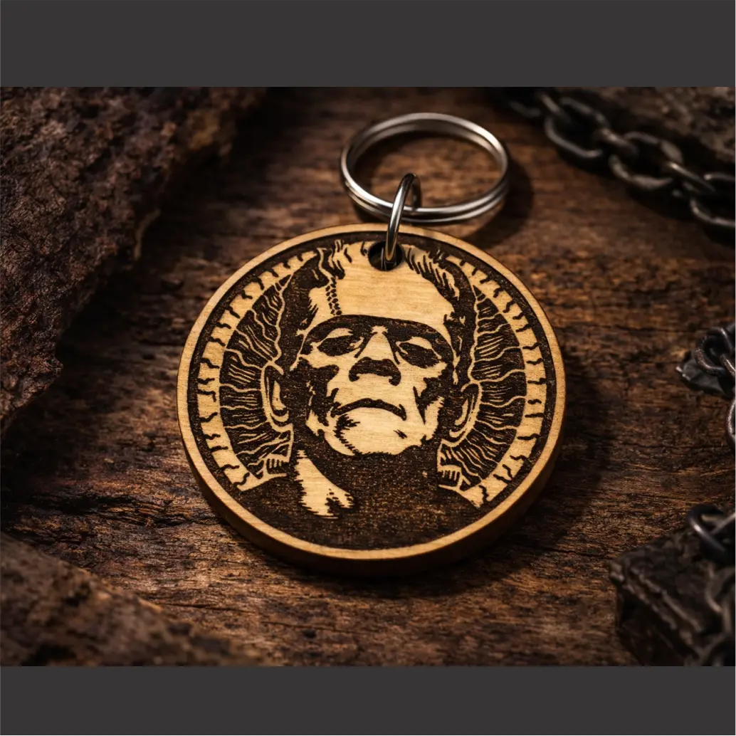 Frankenstein Keychain Jewelry, Wood Laminate Keychain with Stainless Steel Hardware