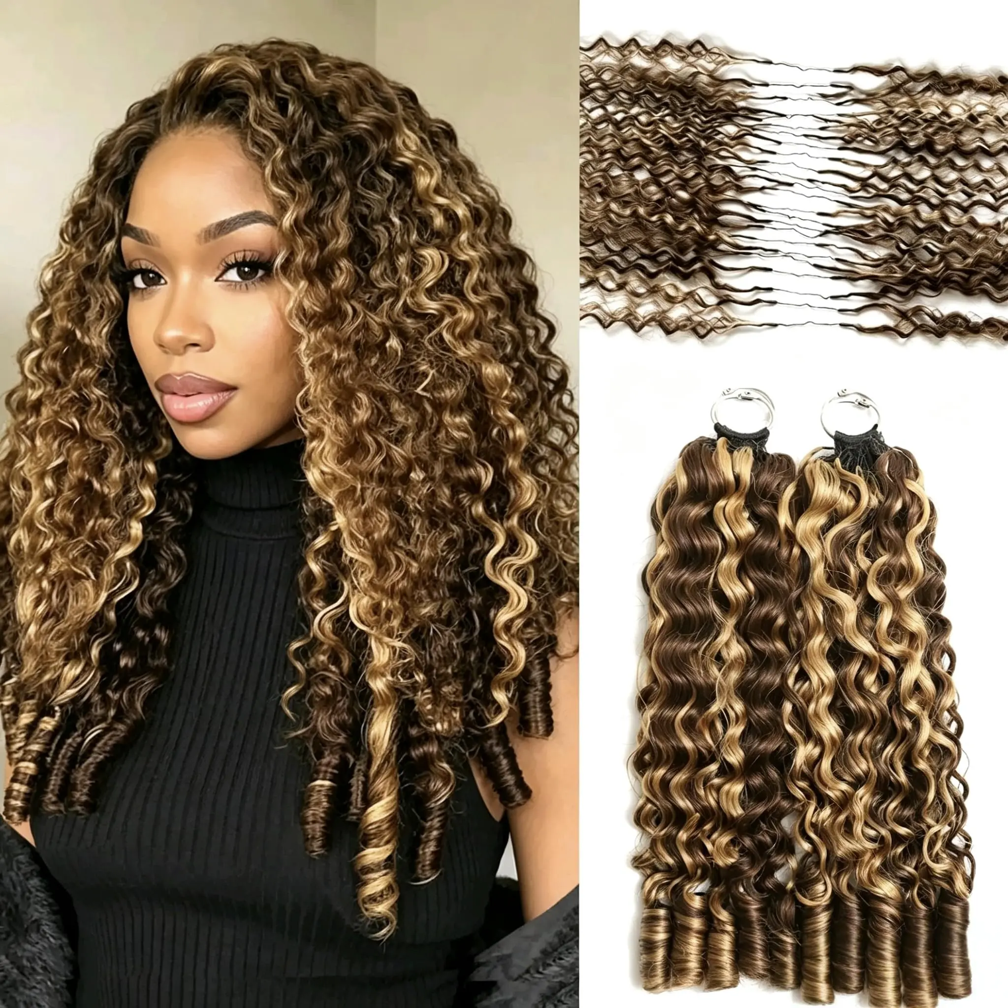 Bling Hair Burmese Curly #4/27 Crochet Hair Human Hair Extensions Highlight Brown Hair Highlight Pre-Separated Miracle Knots 50g/Pack Boho Knotless Braids Summer Braids Vacation Hair Beach Essentials