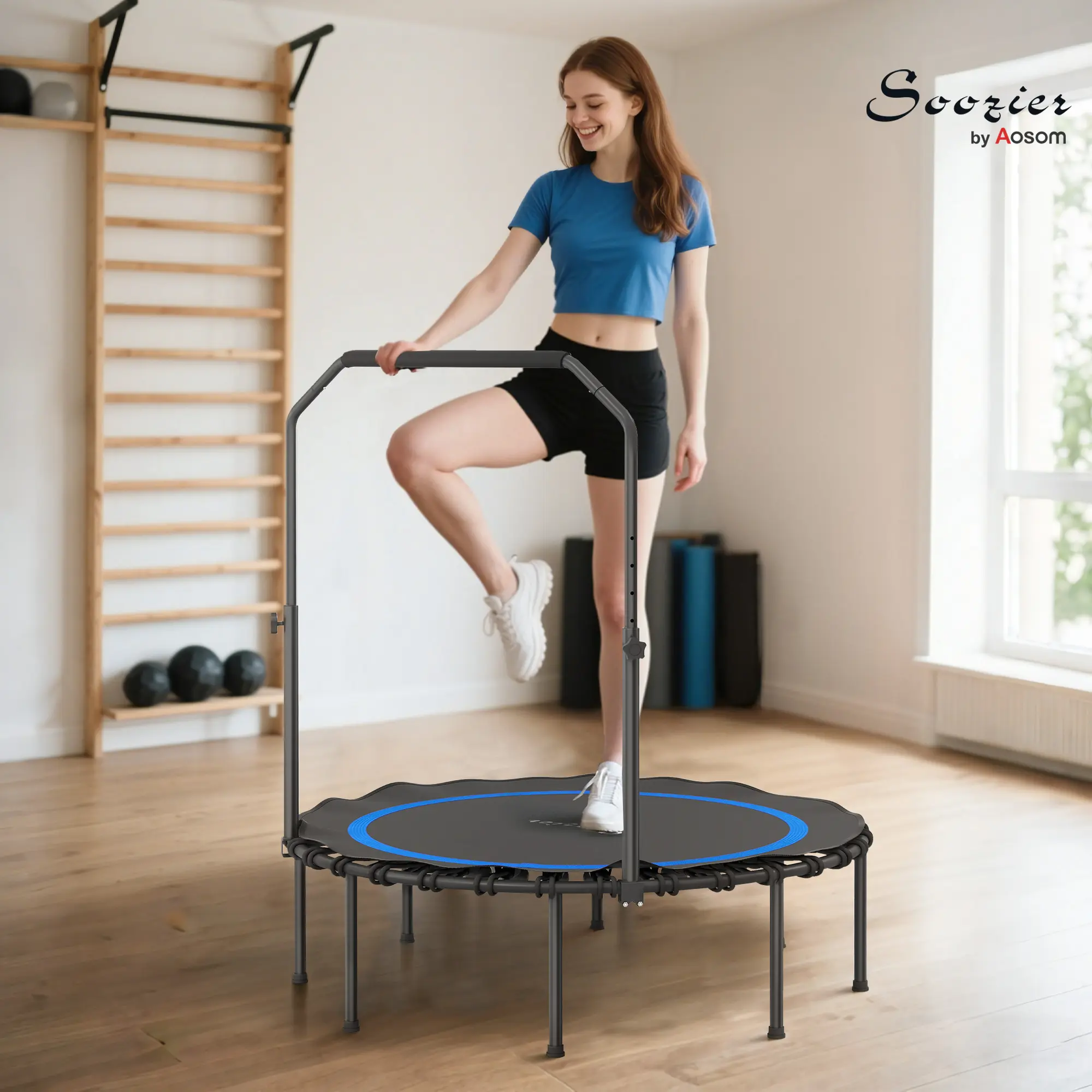 45" Round Foldable Fitness Trampoline for Adults, Quiet Bungee Rebounder with Adjustable Handlebar, Steel Frame for Indoor Home Workout & Cardio, 440 lbs Capacity, Exercise Equipment