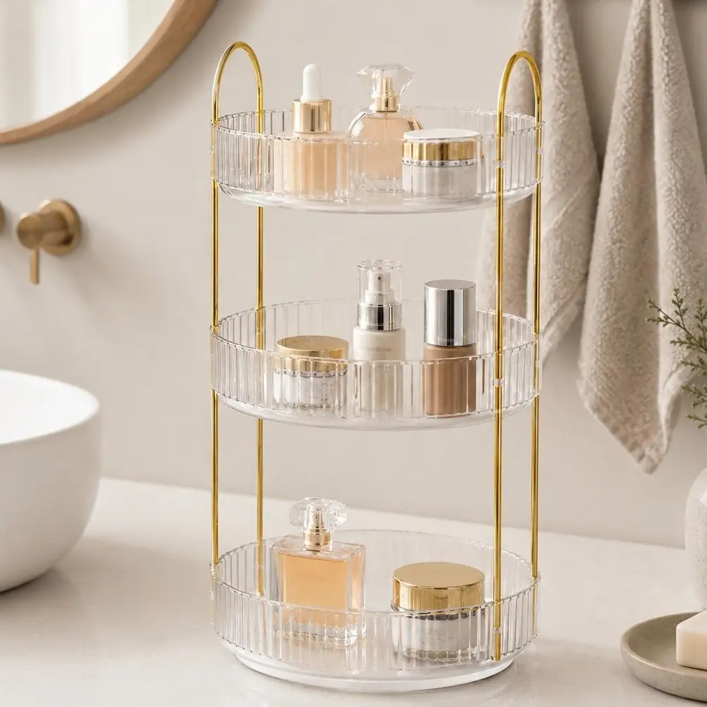 Multipurpose 3-Tier Bathroom Storage Organizer | Bathroom decor，Classic 360-Degree Rotating Multi-Layer Skincare & Perfume Storage Rack, Large-Capacity Vanity Countertop Organizer, bathroom set（white）