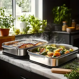 Set of 2 Extra Large Stainless Steel Baking Pans with Lids - Non-Stick Thick-Bottomed Rectangular Oven Trays for Desserts Bread and Seafood Perfect for Grilling and Buffet Serving Spacious Design Non-Stick Surface Oven Safe Baking Pans Mother's Day Gift