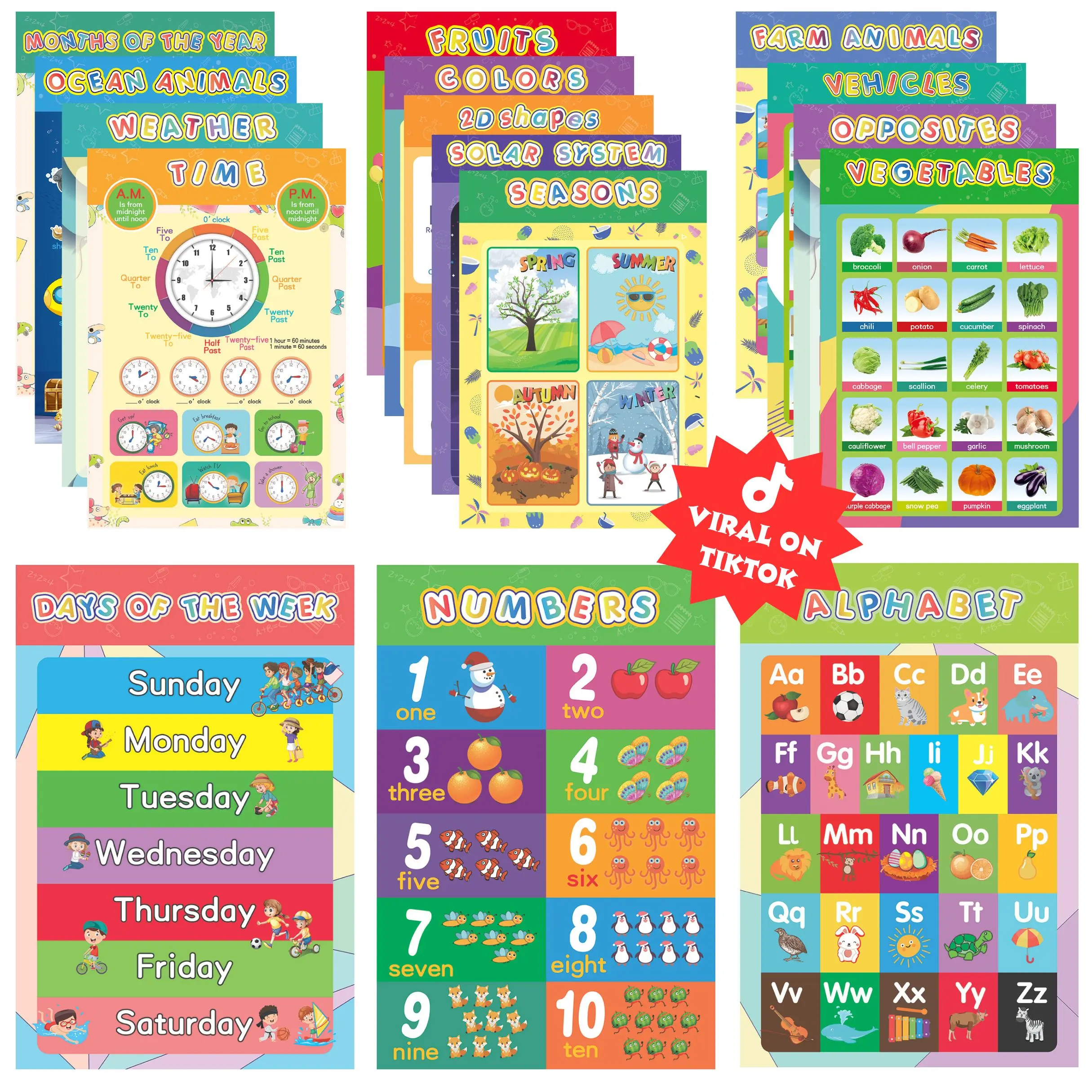 16 Educational Posters for Toddlers 1-3, Laminated Toddler Learning Posters for Preschool, ABC Chart, Numbers, Colors, Shapes, Days of The Week