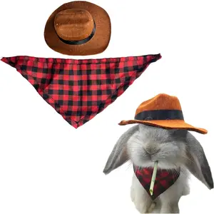 Cute  Cowboys Hat and Scarf Set, Funny Rabbits Pet Cowboy's Hat Scarf Outfits, Rabbits   Pets Halloween Costume Hats Clothes Bunny Stuff Gifts Bunny Accessories (Coffee-Red Checkered)