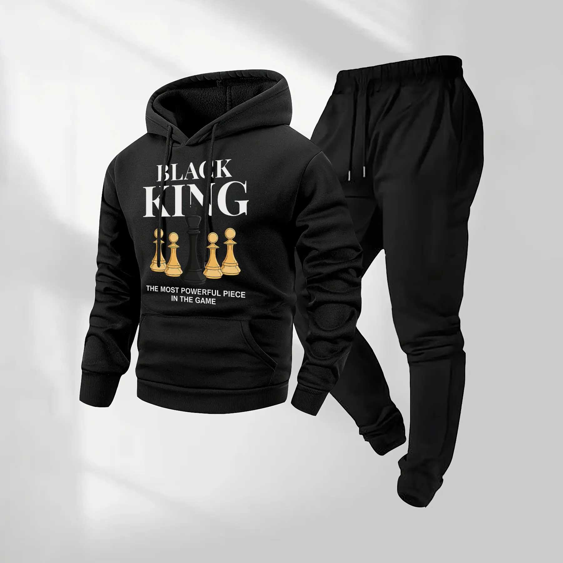 Men's Black King Letter Pattern Print Hoodie and Drawstring Sweatpants Set, Menswear, Casual Athletic Long Sleeve Hooded Jacket & Trousers for Fall & Winter, Men's Clothing for Daily Wear, Sportswear Indoor Outdoor, Tracksuit, Athleisure