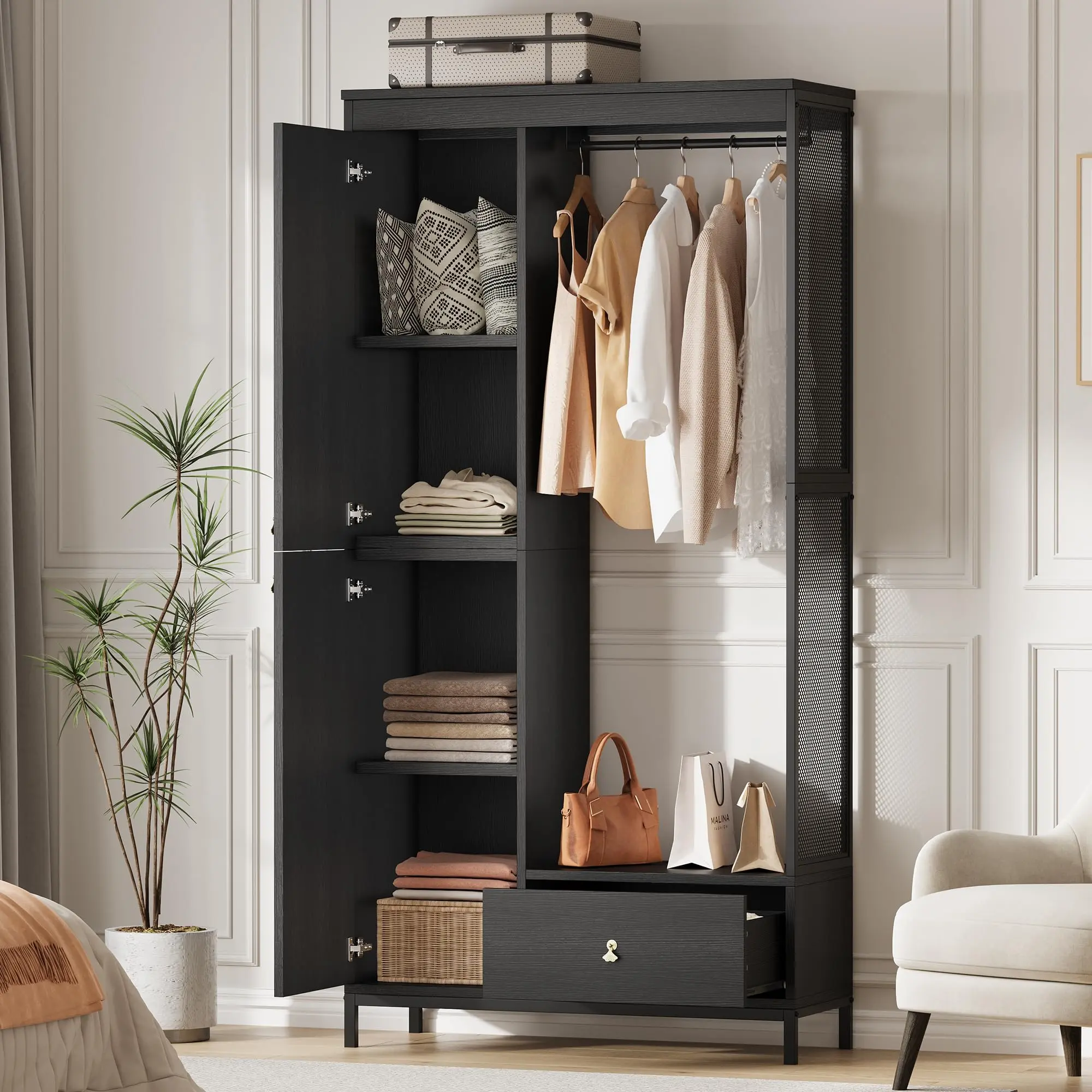 Garvee 78.9" Armoire Wardrobe Closet with Shelves and Hanging Rod, Large Fixed Compartment for Bedding & Luggage, Open Design of the Hanging Area, Metal Frame Wardrobe Cabinet for Bedroom (1 Drawer, Black)
