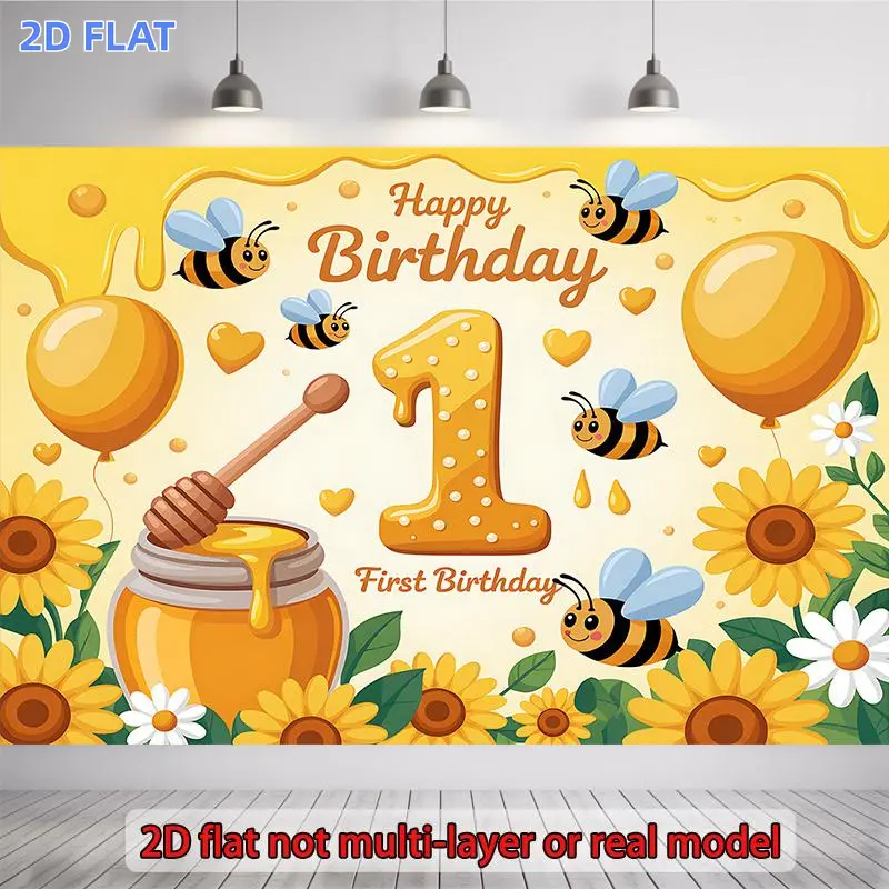 2D Polyester Flat Banner 1pc, Bee-Themed 1st Birthday Party Banner, Cute Bee & Honeycomb Bumblebee Design with Number 1, Wall Hanging Decor for Room Showers Photo Props - Adorable Bee Decoration for all-Season use, Photography Backdrop, Decoration Banners