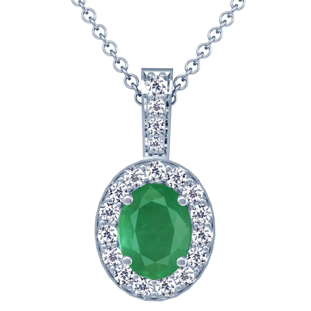 Emerald Oval and Diamond Pendant - (14k White Gold)- P44790REEM