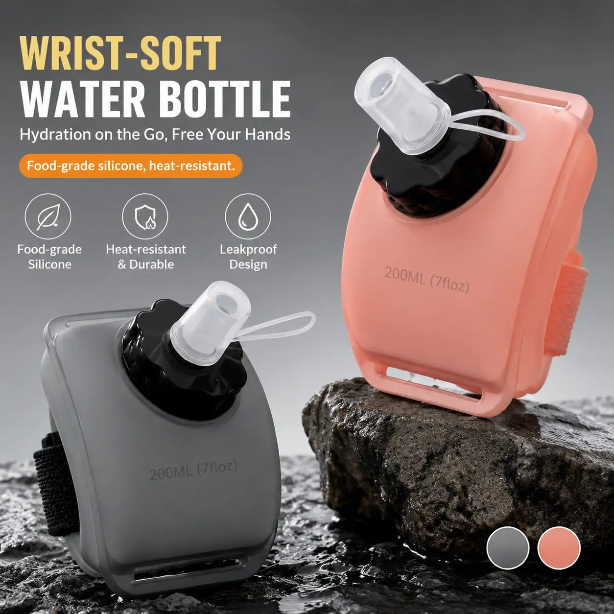 Outdoor water bottle, portable wristband water bottle, food-grade silicone material, wearable wrist water bottle – collapsible sports water bottle, lightweight squeeze bottle, suitable for running, cycling, hiking and outdoor exercise.