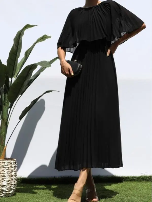 Leslie - Black Pleated Cape Midi Dress
