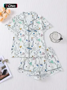 Women's Plant Mushroom Floral Print Pajama Set, Short Sleeve Button-Up Top & Elastic Shorts, Casual Home Wear for All Seasons Loungewear