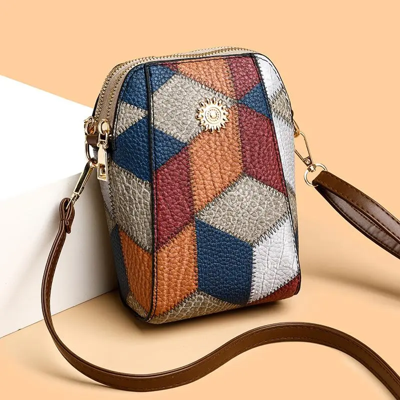 cod Women's Urban Style Crossbody Phone Bag, Geometric Patchwork PU Leather Pouch with Contrast Stitch and Compartment for Travel, Crossbody Phone Strap, Phone Pouch