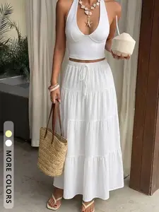 Women's High Waist Belted Ruffle Hem Long Skirt, Commuter Versatile Light Plain A-Line Dress, Multi-Color Options, Chic