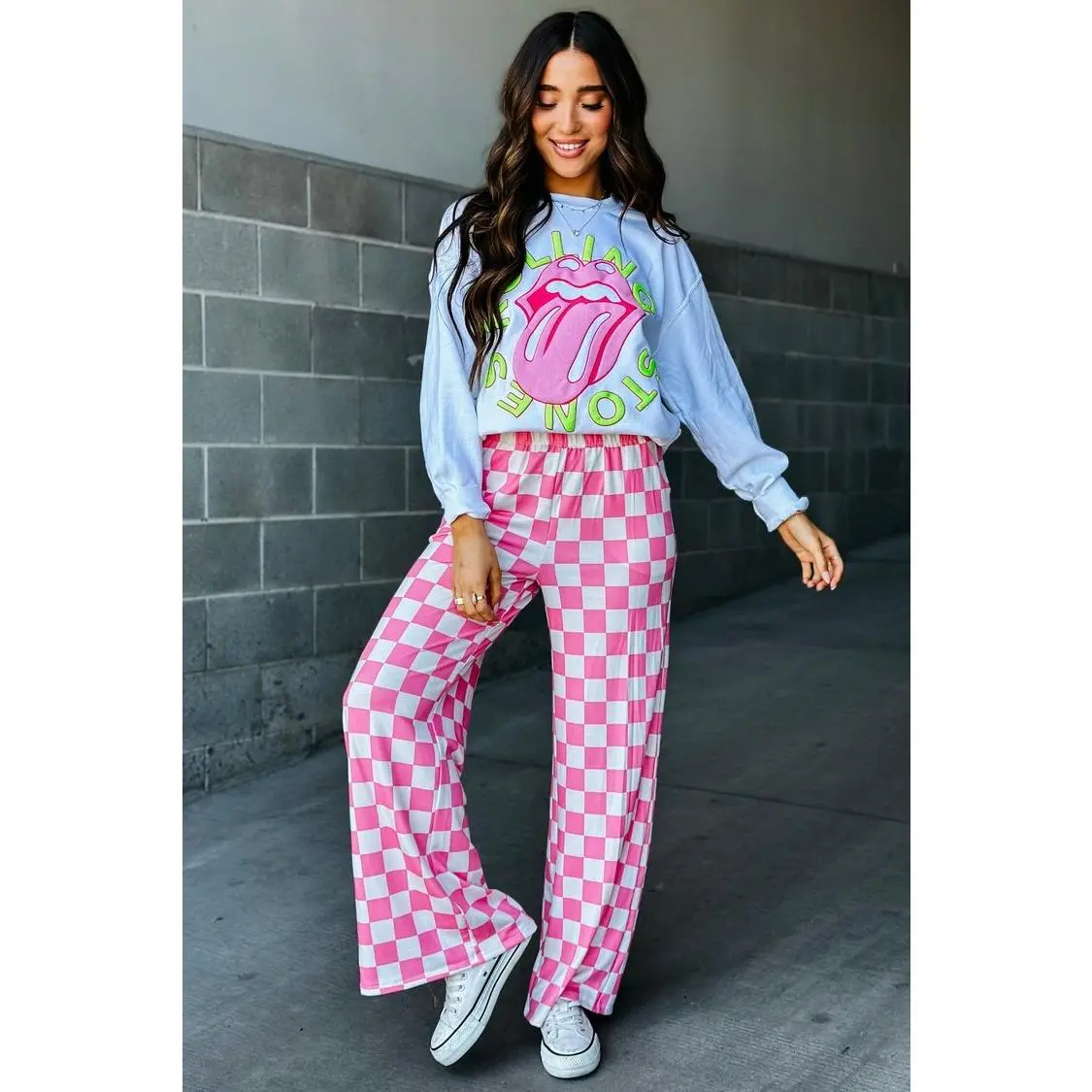 Checkered Print Wide Trousers for Women, Pink Mid-Rise Bottom in a Spandex Blend with Comfort Waistband, Elastic, Casual, Fit, Leg, Comfy, Pants, Wide Leg, Loose, Baggy, Day, 5% Spandex For Easy Flex, Bold Pattern