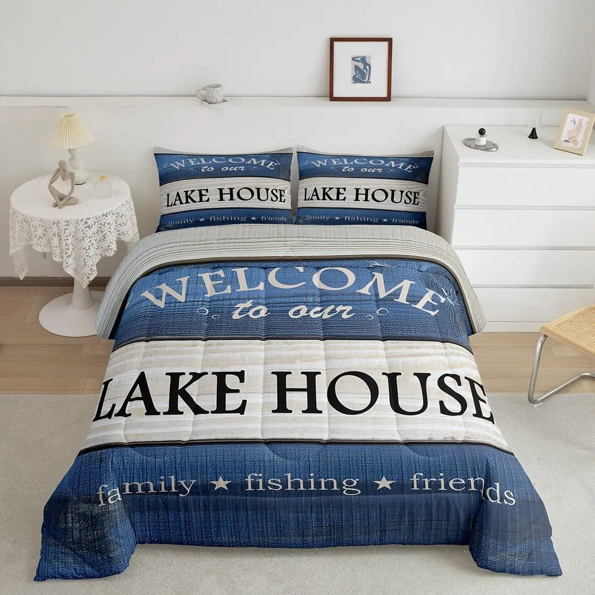 Lake House Comforter Set Cabin Lodge Rustic Farmhouse Style Bedding Set for Women Adult,Country Blue Wooden Stripes Luxury Bed Duvet Insert