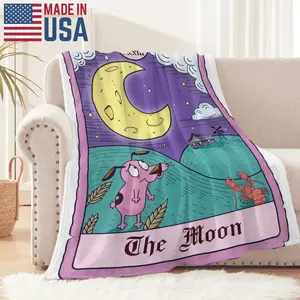 Courage the Cowardly Dog The Moon Tarot Card Flannel Fleece Blanket – Whimsical tarot-style design featuring Courage under a glowing crescent moon, blending retro cartoon charm with mystical vibes, perfect for fans and cozy, spooky nights