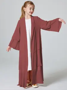 Girl's Solid Tiered Layer Long Sleeve Chiffon Abaya without Inner Dress, Summer Outfits, Modest Outfits, Casual Open Front Long Robe for Daily Wear, Kids Clothes, Kids Girls Clothing