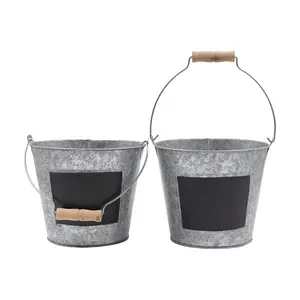 Galvanized Metal Pail with Chalkboard & Wood Handle Set of 2 – 7 Diameter, Waterproof for Decorative Use, Available in Gray and White