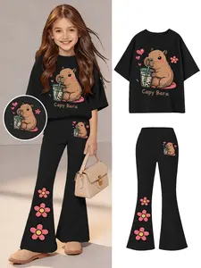 Summer Girls Short Sleeve T-Shirt & Bell Bottoms Set, Tee Pants Set, Kawaii Cartoon Print, Elastic Soft Fabric, Casual for Outdoor Wear, Outdoor Suitable