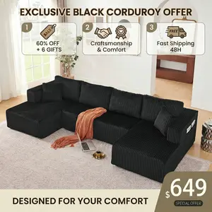 Elseady 132" Modular U-Shaped Sectional Sofa，boneless couches , Plush Corduroy Cloud Couch with Double Chaise , No Assembly, High-Resilient Memory Foam & Pocket Springs , 1200 lbs Heavy-Duty Living Room Set apartment indoor furniture