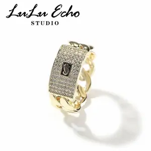 LuLuYvette Hip Hop Personality Fashion Light Golden(14)Cuban Chain Ring Niche Design Iced Out Zircon Cool Ring For Men and Women With Gift Box