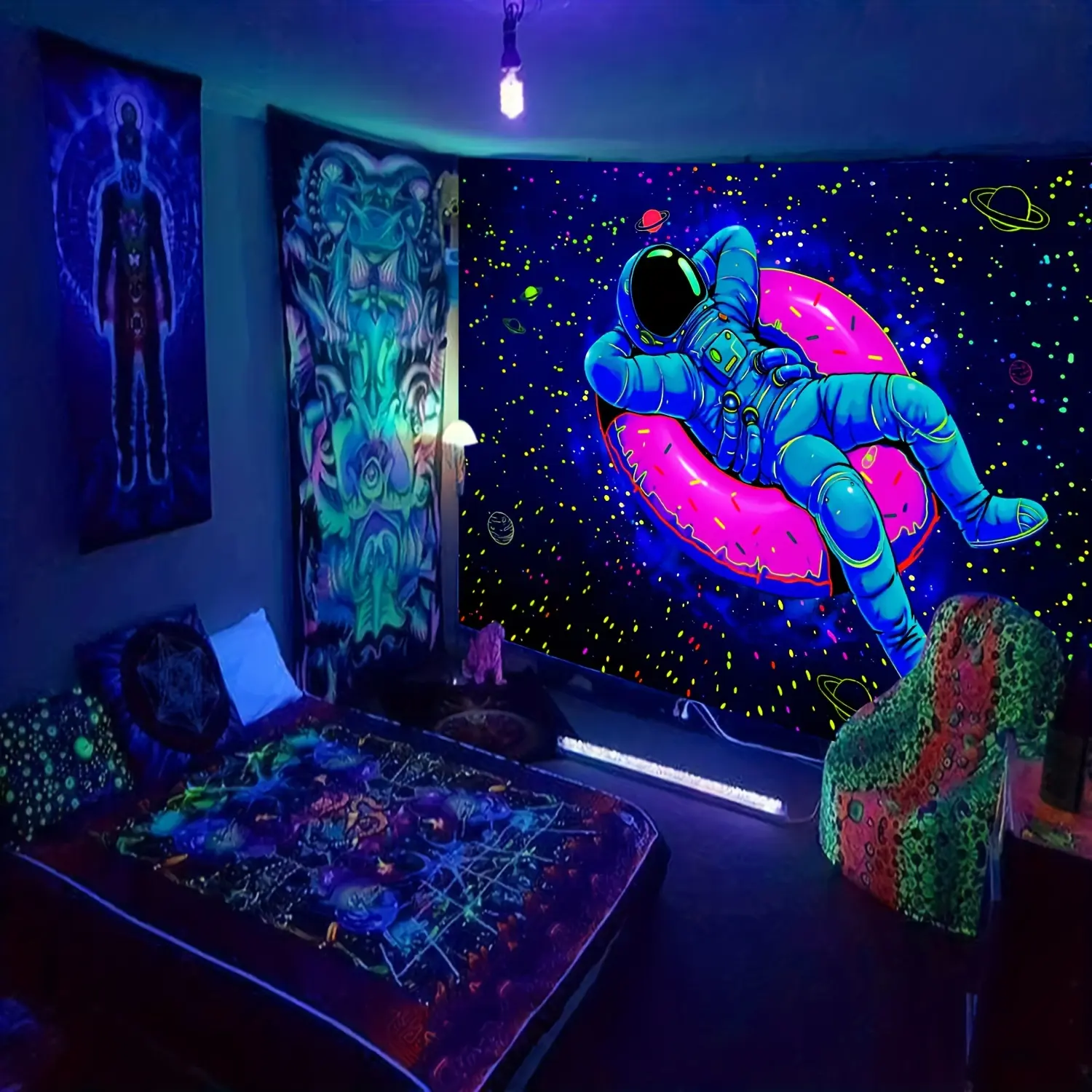 60x40 in UV Reactive Glow-in-the-Dark Astronaut & Donut Pattern Tapestry - Soft Peach Skin Fabric Home Decor Supplies, Bedroom Wall Hanging, Sunset Decorating Piece, Christmas/Birthday Gift with Free Accessories
