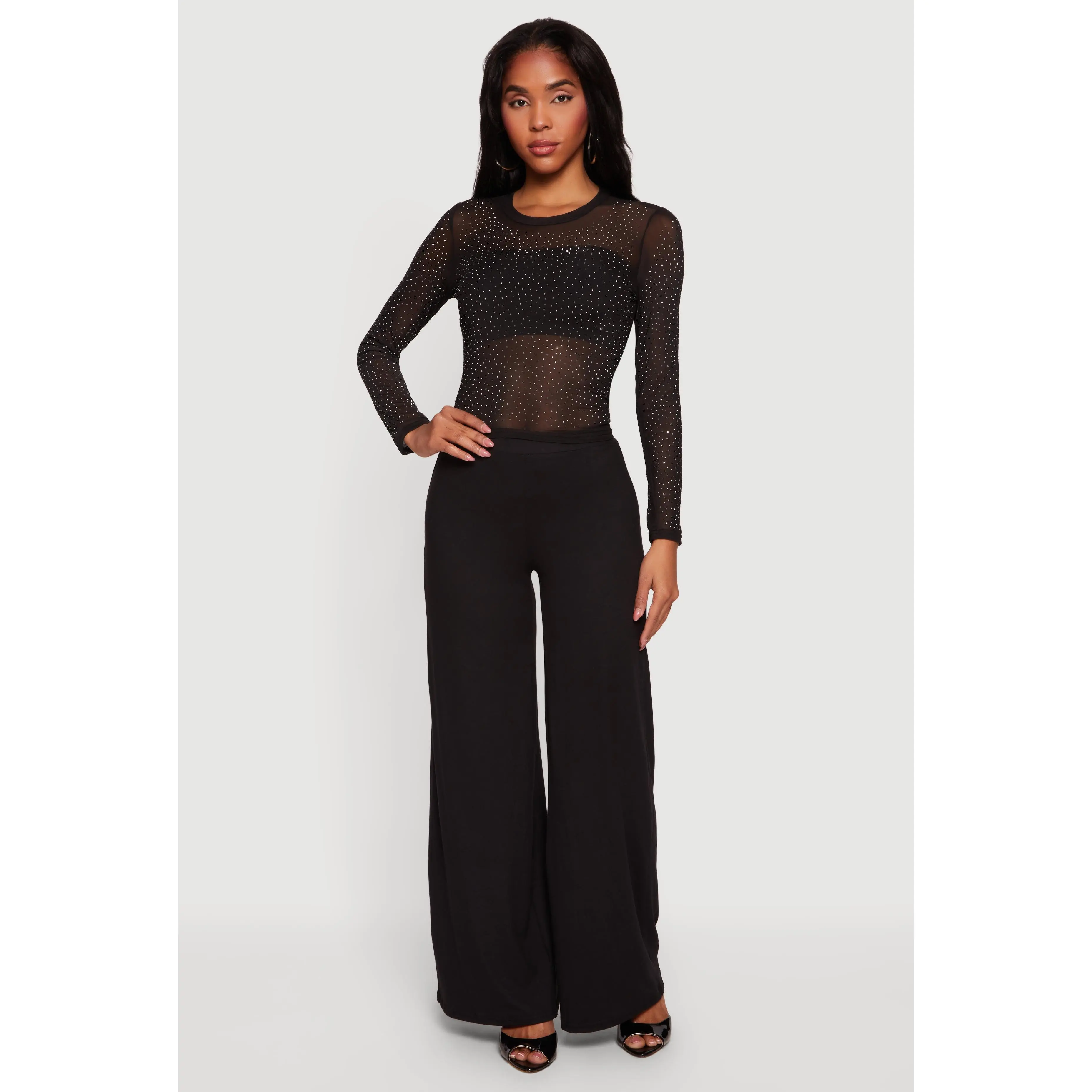 Rhinestone Mesh Long Sleeve Top