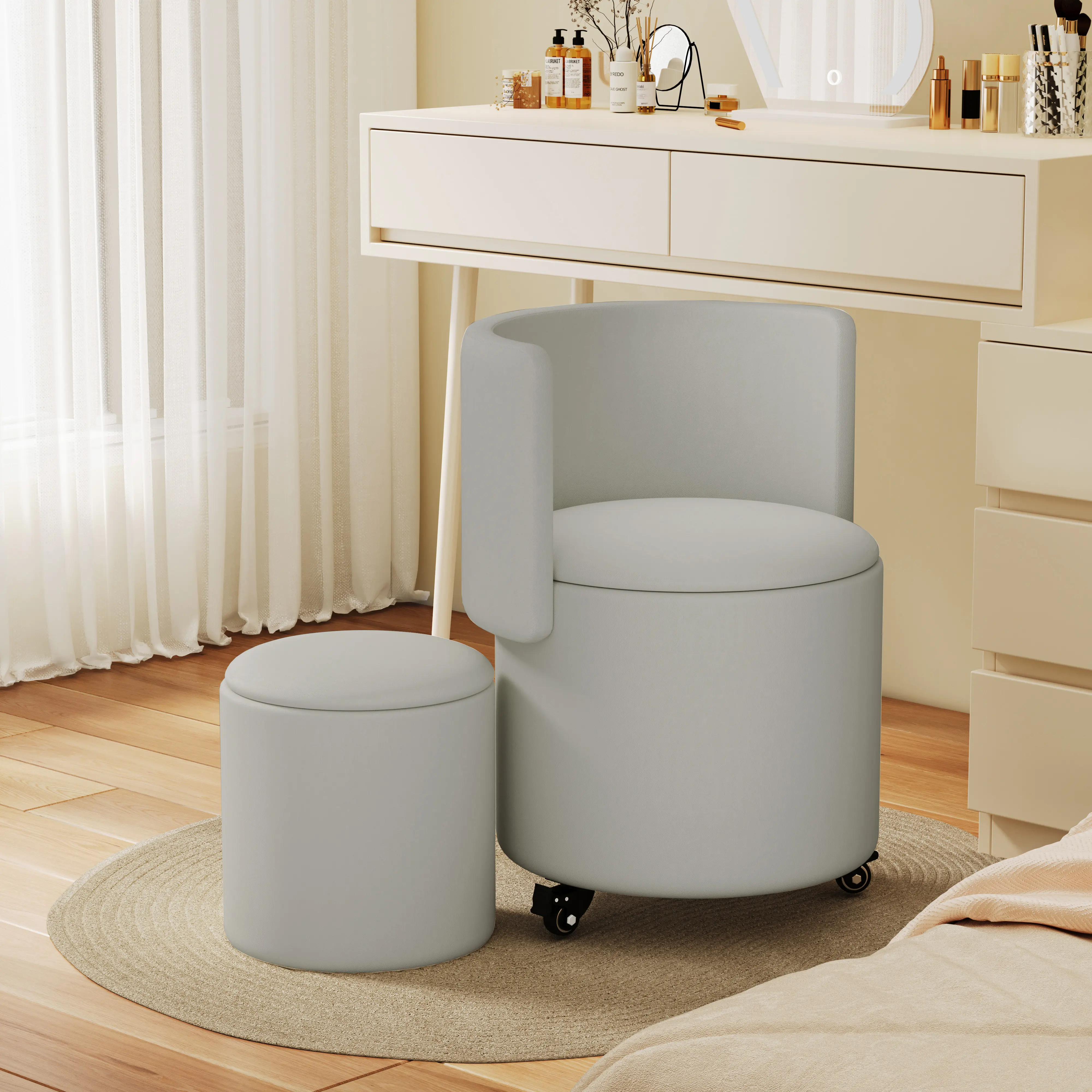 【Summer sale】Round Vanity Chair and Small Ottoman with Storage,Rolling Faux Leather Swivel Work Makeup Stool Chair with Folding Back and Lockable Wheels,Upholstered Footstools for Bedroom Living Room