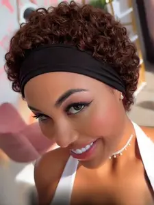 Pixie Cut Short Wig for Women, Headband Wig, Human Hair, Full Machine Made, Natural, Curly Human Hair, Human Hair Wigs