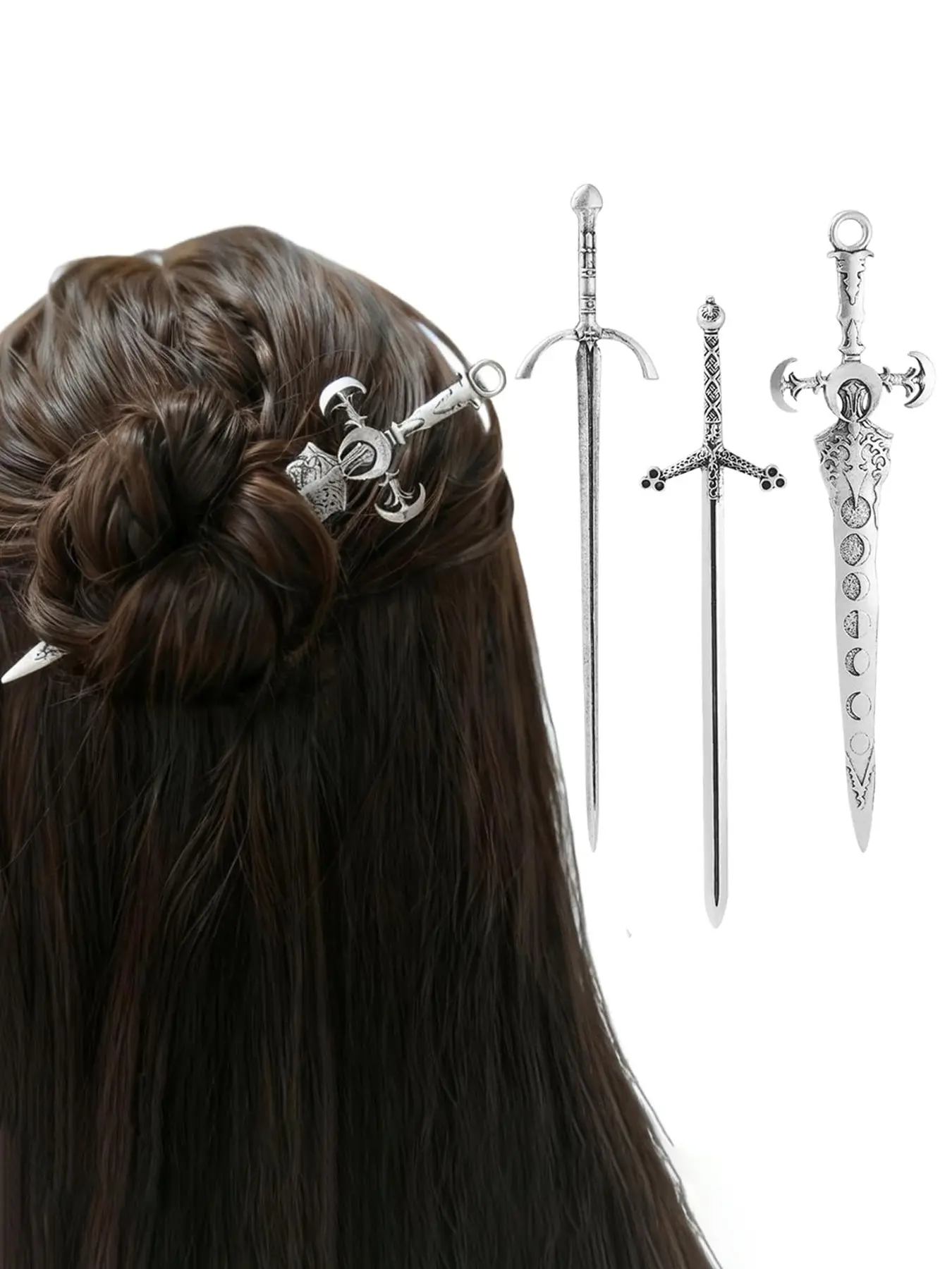 3-Piece Sword Hair Pin Set – Gothic and Viking Hair Accessories for Women, Medieval Hair Sticks & Renaissance Hair Jewelry, Fashion Hairpins