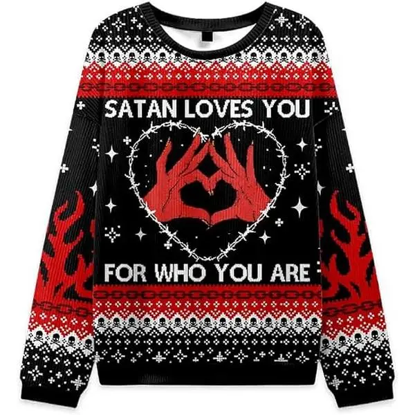 Halloween Satan Loves You Heart Y2K Christmas Knit Sweatshirt Cherrykitten