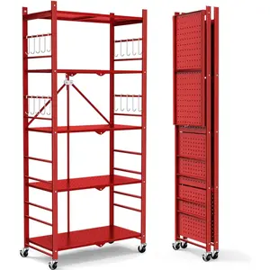 Storage Shelves with 20 Hooks, 5-Tier Foldable Shelves for Storage, Folding Utility Shelf Unit Pantry Shelf with Wheels, Metal Shelving Unit Rack for Garage Christmas Room, Red - No Assembly