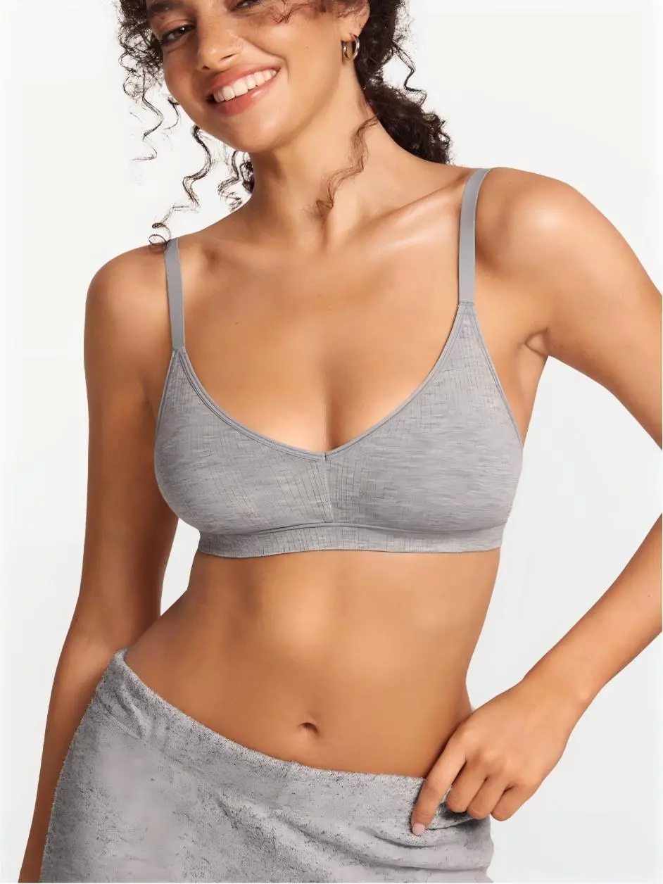 SOULVOR Women's Natrelax No Underwire Comfort Bralette Ribbed Wireless Bra Sleep Unlined V Neck Bras Soft Everyday
