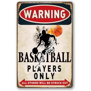 Warning Basketball Players Only Tin Signs-Basketball Room Decor Sign,Basketball Decor Sign,Basketball Gifts for Boys Bedroom,Basketball Poster for Boys Room Wall Decorations(8 X 12 Inch) Metal
