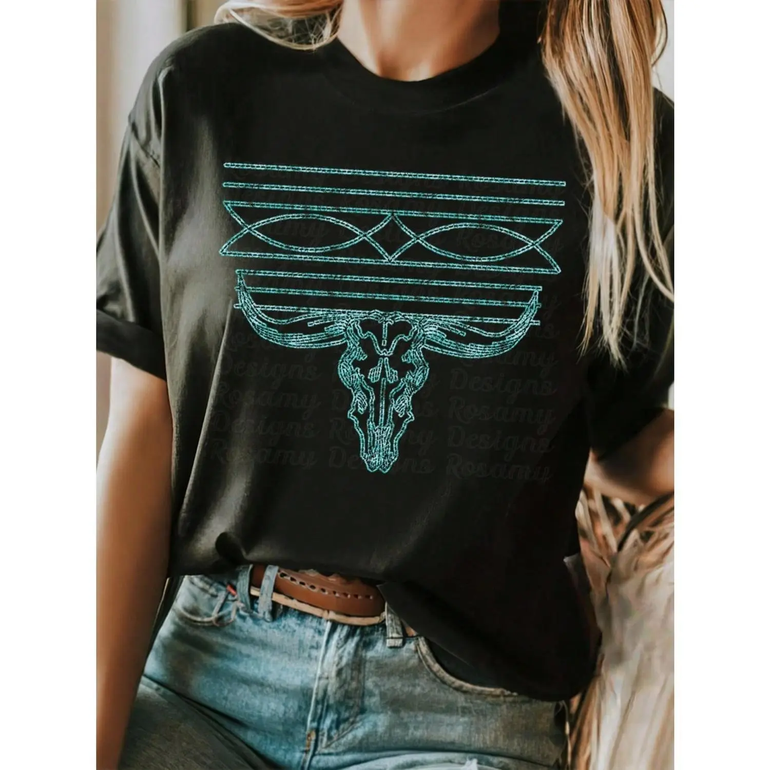 Women's Black Round Neck Short-Sleeve Cotton Tee - Elegant Western-Style Turquoise Boot-Stitch Cowgirl Shirt, Breathable, Versatile 1-Piece Prints Top for Casual & Dressy Sports & Outdoor Wear, Shortsleeve, Tops, Tshirt, Breathable Fabric, Vibe, Female We