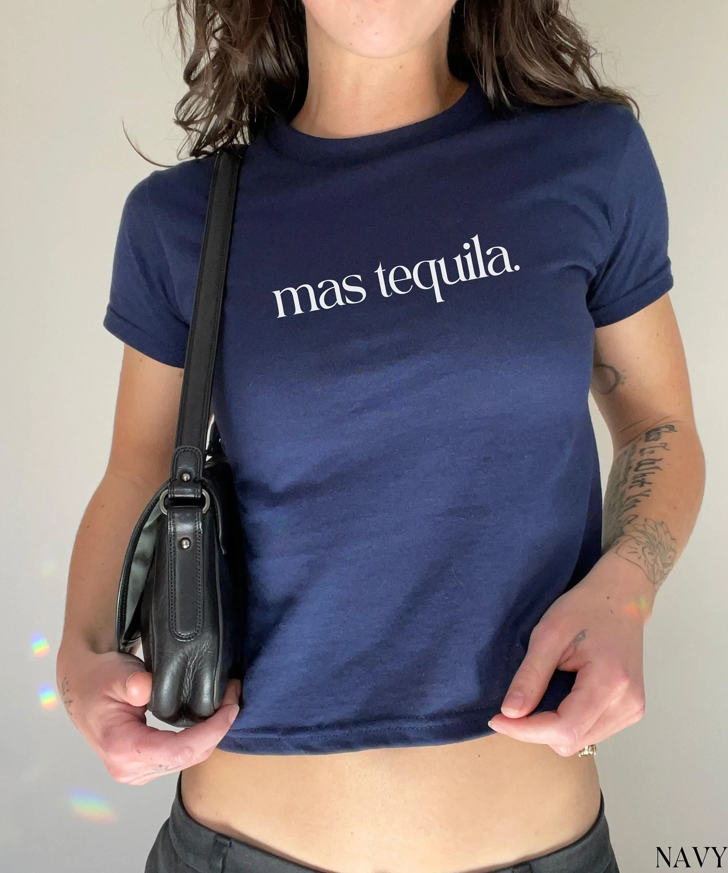 Mas Tequila Baby Tee, Minimal Aesthetic Shirt, Y2K Slim Fit Graphic Tee, Simple Text Top, Indie Girl Outfit Women