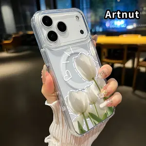Compatible with iPhone iPhone 17 Pro Max 16 Plus 15 14 13 12 11 Air E White Tulip Grace Pattern Shockproof Non-Yellowing Crystal Transparent Acrylic Soft Case Supports Wireless Charging.