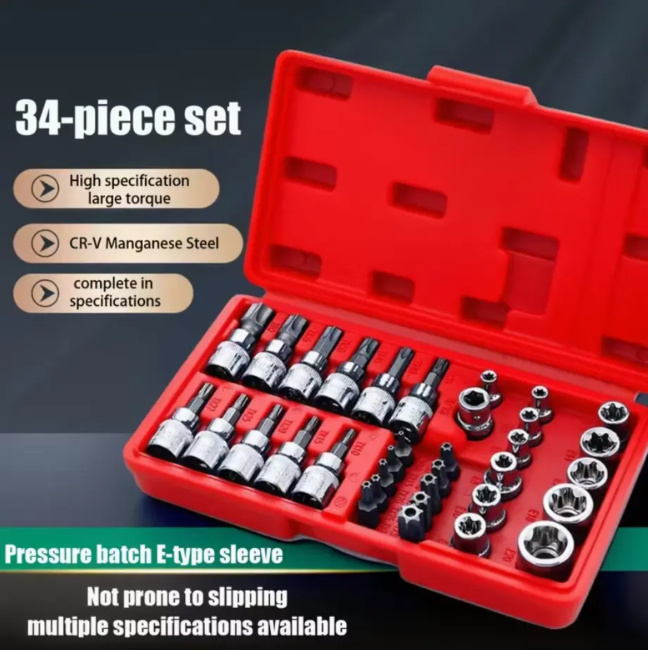 【FathersDayGift】34pcs 3/8-Inch Drive Torx Bit Socket & E-Torx (Star) Socket Set, Cr-V E Socket E4–E20, S2 Torx Bit Set T10–T60, Tamper Proof TT10–TT55, 5/16"F to 3/8"M Adapter, Durable Hand Tools for Car & Motorcycle Repair