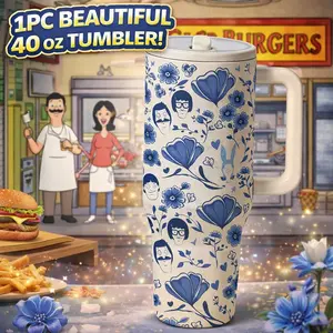 1pc 40oz Stainless Steel Insulated Tumbler with Handle, Blue Floral Family Character Inspired Print Travel Mug with Lid, Large Capacity Vacuum Cup for Water, Coffee, Tea and Iced Drinks, Reusable Portable Car Cup for Home, Office, Outdoor Use, Gift for Wo