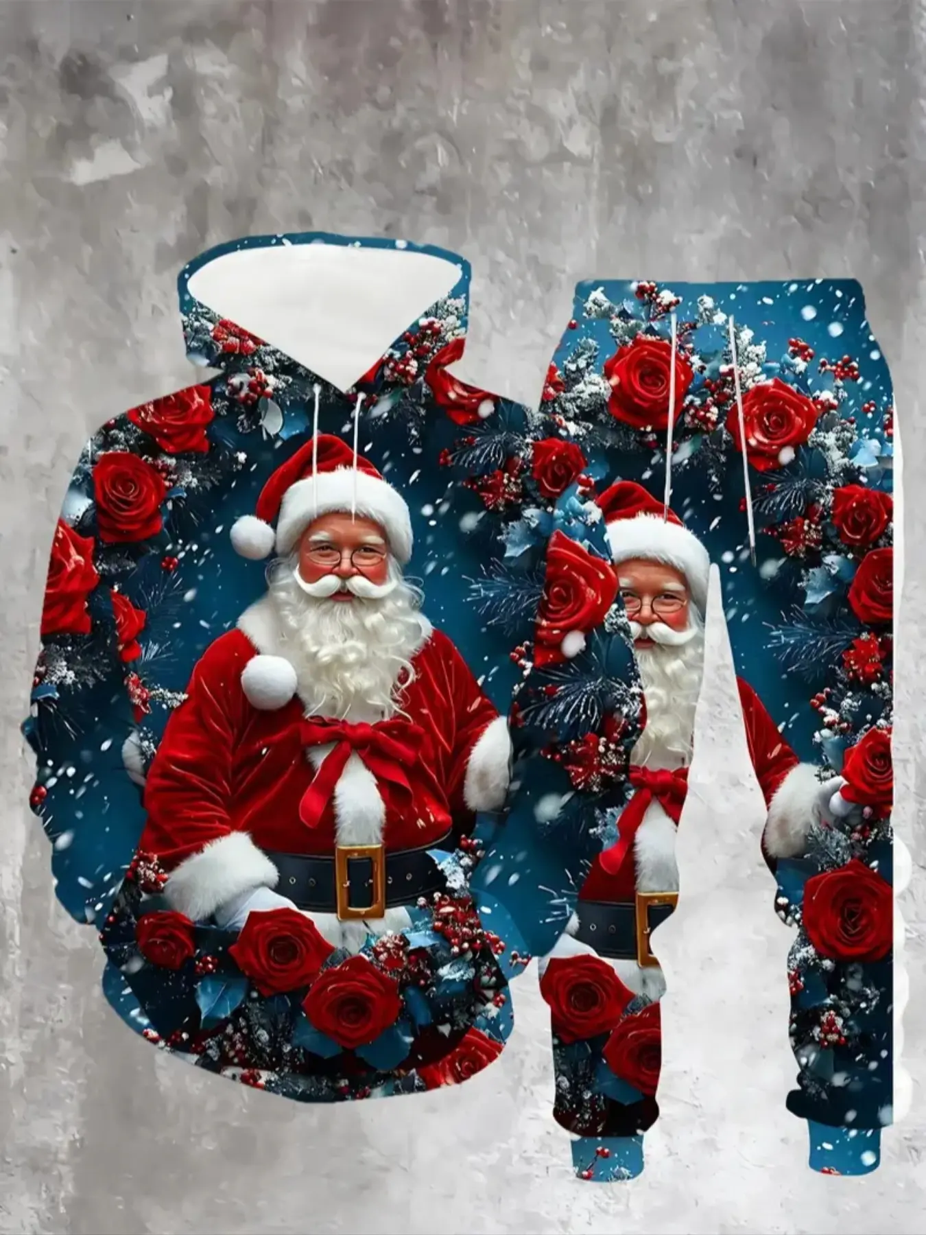 Christmas Santa Claus 3D Print Hoodie Set, Outfit, Rose Design, Fitted Long Sleeve, Comfortable Fit, Holiday, Fall & Winter
