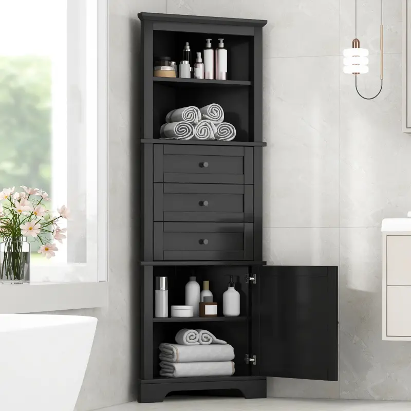 Black Triangle Tall Cabinet with 3 Drawers and Adjustable Shelves for Bathroom, Kitchen or Living Room, MDF Board with Painted Finish (WF306469AAG New Color)