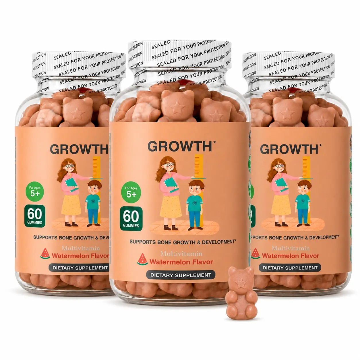 3 Bottles Growth Gummies (Watermelon) Natural Growth & Development Supplement for Kids & Teens - Vitamin D, K, Calcium & Ashwaganda, Bone Strength - Kids Vitamins, Ages 5+