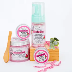 Bella & Bear Sweet 'n' Sassy Watermelon Gift Set Foaming Body Wash & Bubble Bath, Body Scrub, Lip Butter & Lip Scrub