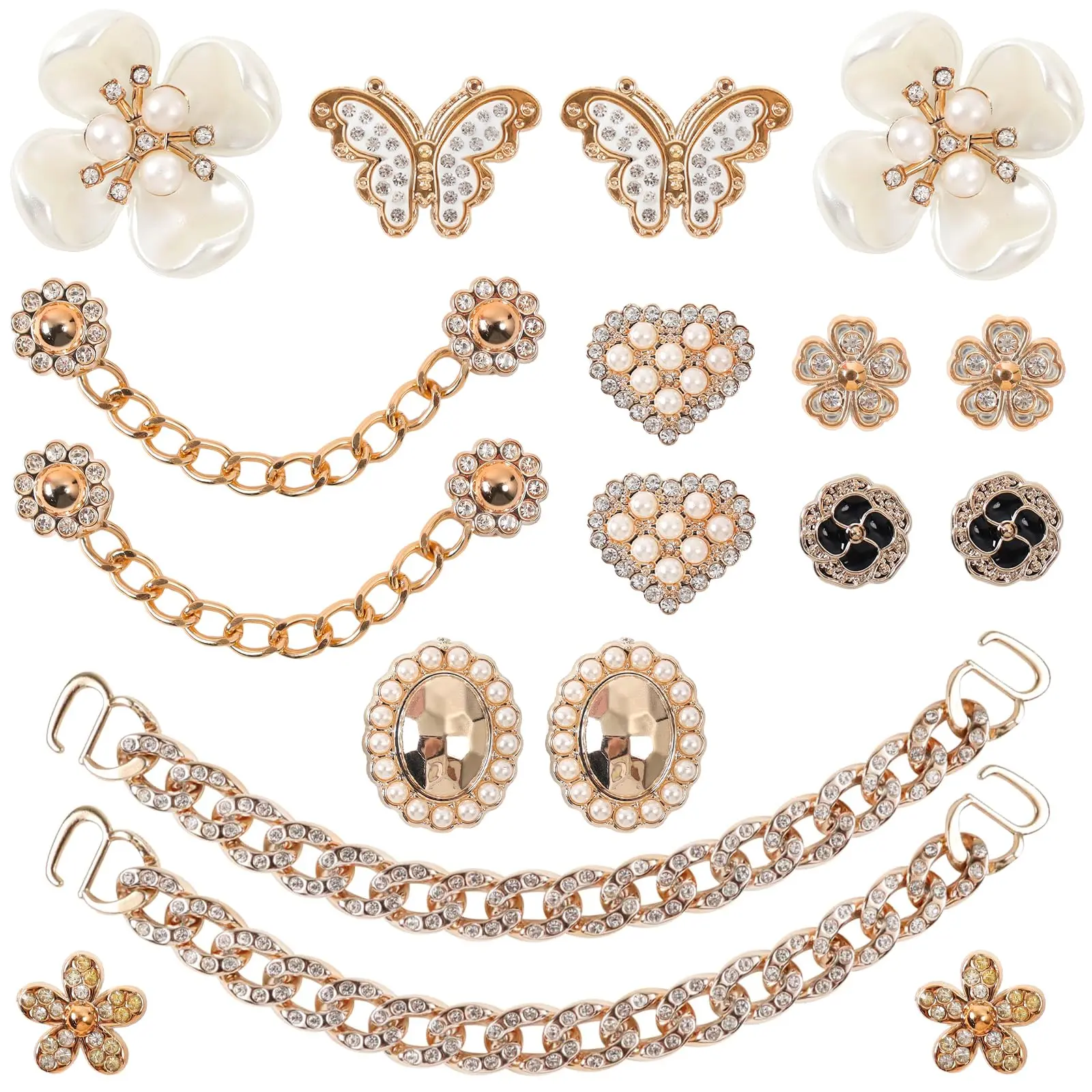 Women's 18 Pcs Shiny Small Plastic Bling Footwear Charms, Chic Crystal Rhinestones & Pearl Accessories with Butterfly, Flower & Gold Alloy Designs, Lightweight DIY Insertion Decor for Valentine's Day, Christmas, Hangable, Floral, Oval, Hole