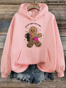 Sparkle Gingerbread Man Cartoon Drawstring Hoodie, Festive Letter Print, Soft & Cozy, Perfect for Christmas Celebrations!