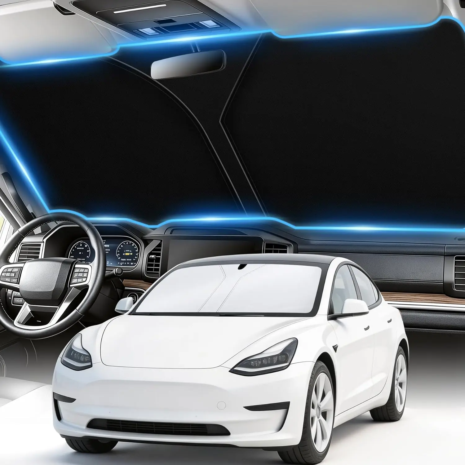 Car Sunshades for Windshield - Foldable Reflective Vehicle Specific Fit Auto Accessory, Sun Shielding for Tesla Model 3, Model Y (2016-2025)