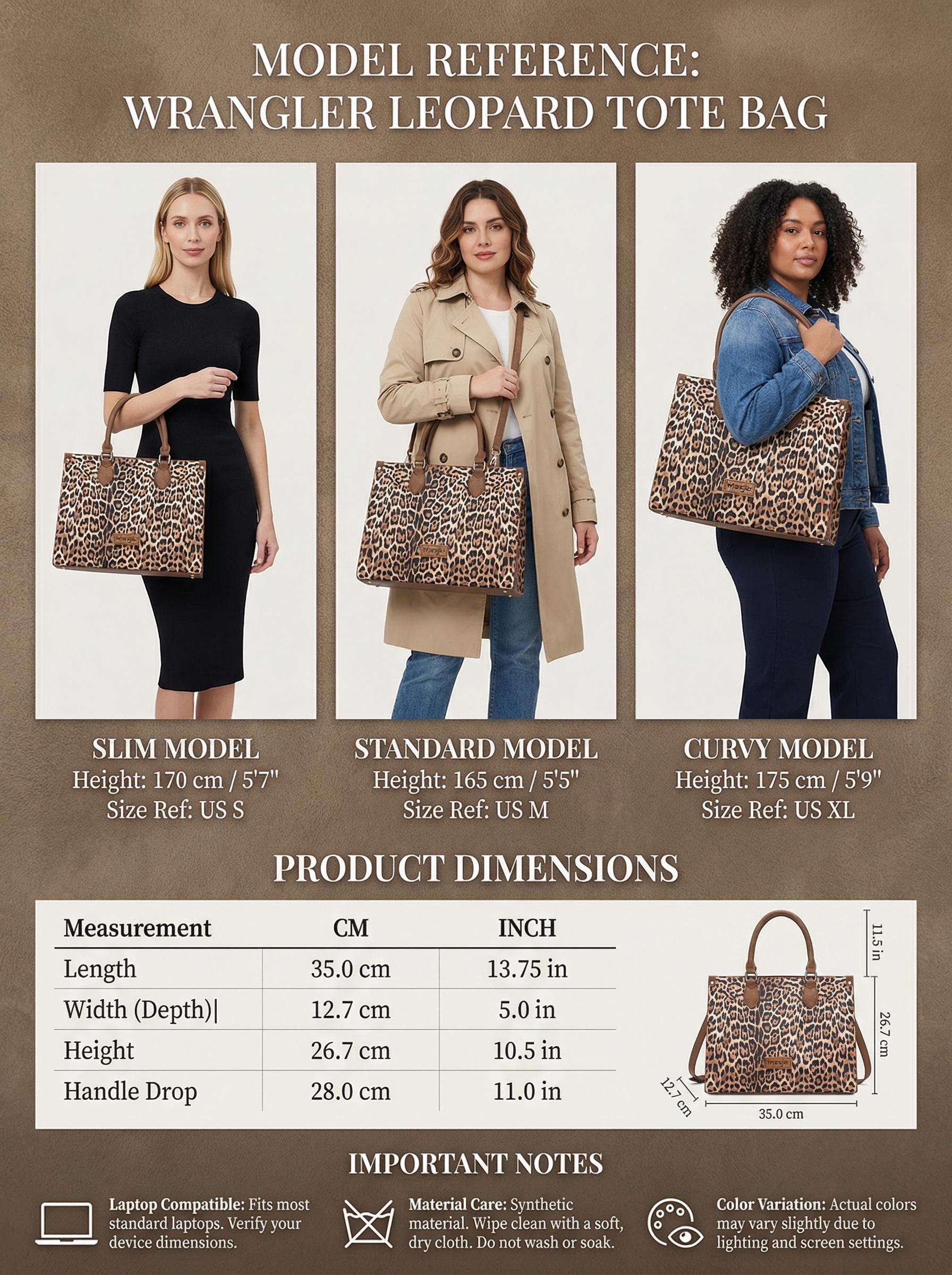 Wrangler Leopard Print Tote Bag for Women Western Large Work Satchel Handbag with Zippered Pocket & Detachable Strap