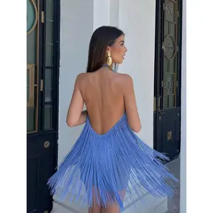 Fringe Halter Midi Dress |     Sleeveless Flapper Party Dress for Women Blue Fringe Halter Mini Dress |   Party-Ready Flapper Vibes  Fringe Mini Dress |   The Viral Party Dress You Need Right No 8. Vacation Must-Have: Blue Fringe Halter Dress