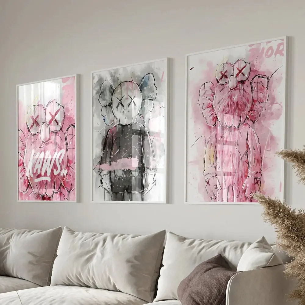 Hypebeast Kaws Posters Set of 3 Pink Grey Wall Art Poster Prints A4 A3 A2
