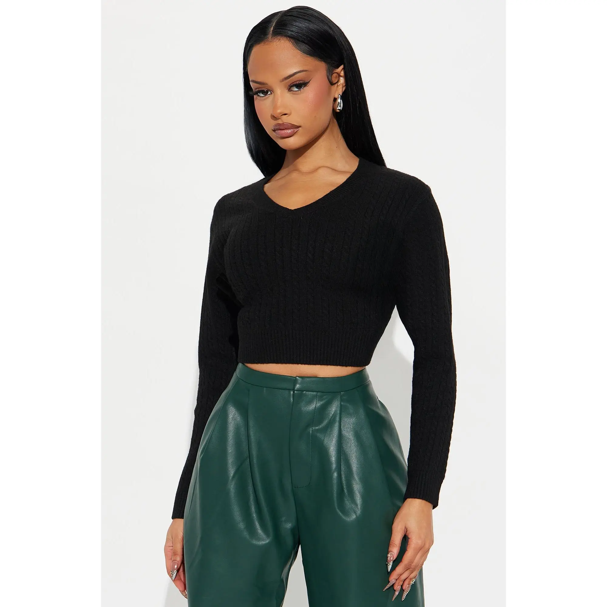 Frosty V Neck Cable Knit Sweater - Black